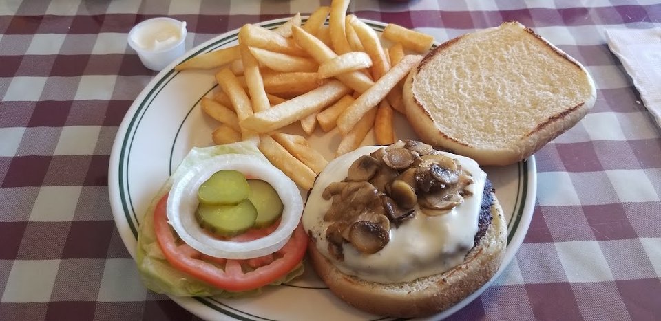 Mushroom Swiss Burger and Fries