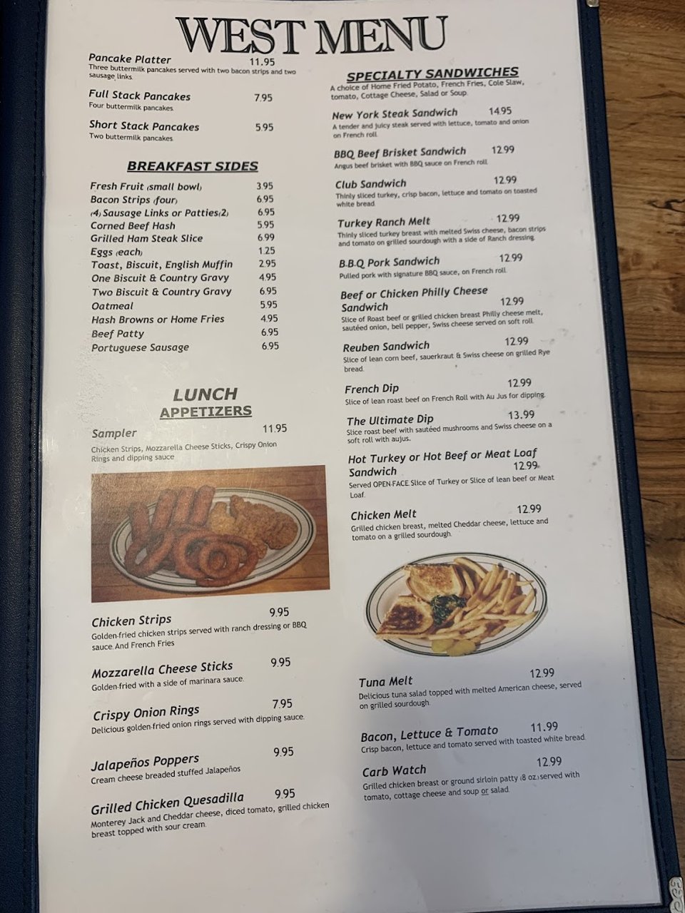 Menu page with breakfast, lunch, and dinner sections.